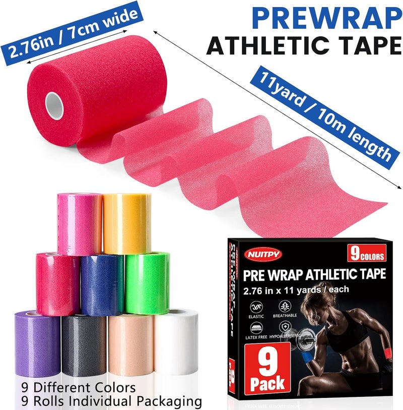 NUITPY 9 Pack Pre Wrap Tape, 9 Colors 2.76 Inch x 11 Yards Prewrap Athletic Tape for Hair Soccer, Pre Wrap Foam Tape, Soccer Pre Wrap Tape, Prewrap Headbands for Hair - Image 2